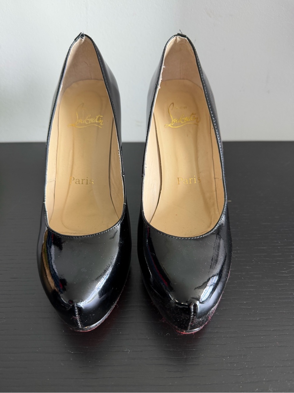 Christian Louboutin Black Patent Leather Round-Toe Pumps with Red Soles